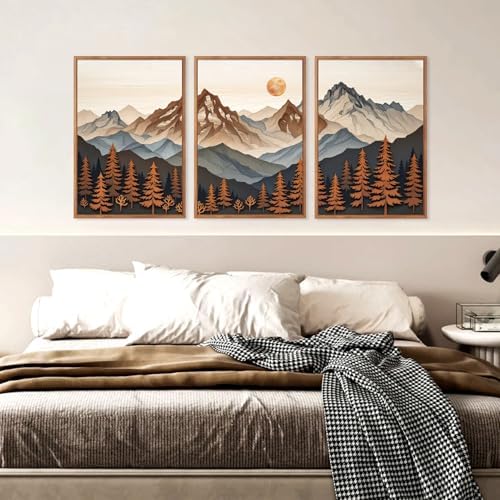 HLNIUC Boho Woodcut Mountain Framed Canvas Wall Art, Large Sun Forest Wall Decor - Image 4