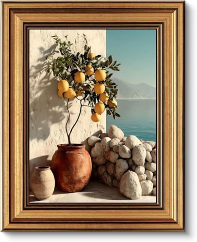Gold Framed Wall Art, Vintage Mediterranean Lemon Tree Canvas Prints, Coastal by YDNAKLX