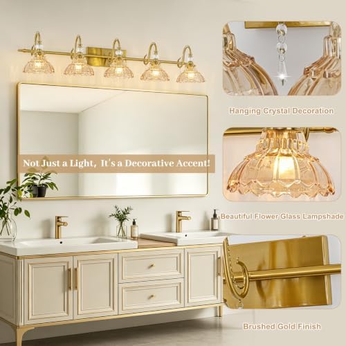 Vintage Bathroom Vanity Light, 5-Light Brushed Gold Finish Wall Sconce - Image 4