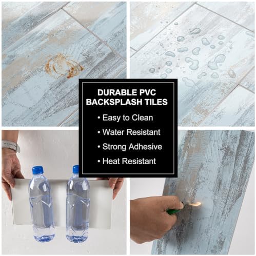 6" x 12" Aged Teal Peel and Stick Backsplash Wall Tiles, PVC Faux Stone Stick - Image 5