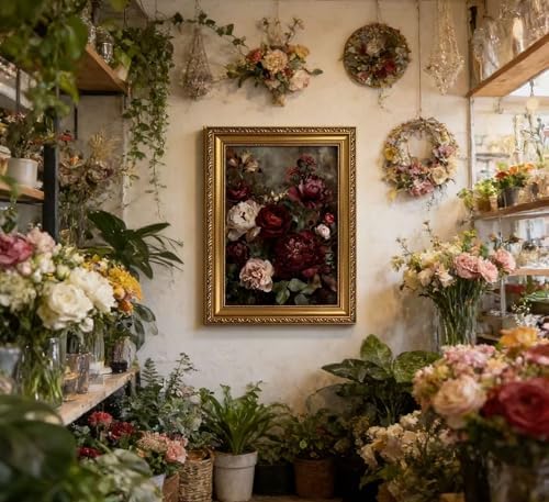 Vintage Gold Framed Floral Wall Art Dark Moody Flower Botonical Canvas Painting - Image 6
