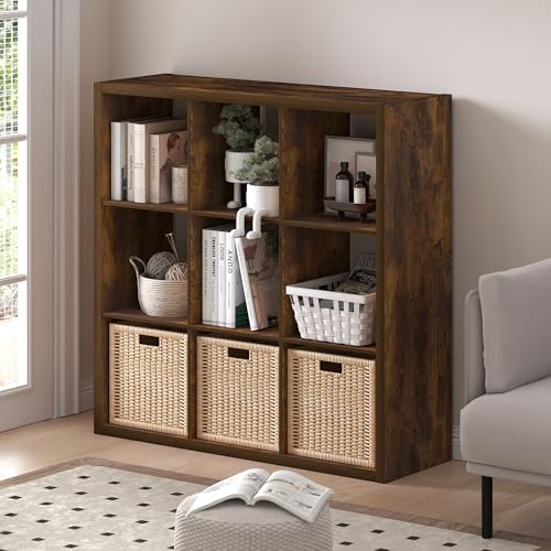 Furinno Cubicle 9-Cube Book Shelf, Extra Thick Frame Bookshelf, Amber Pine - Image 2