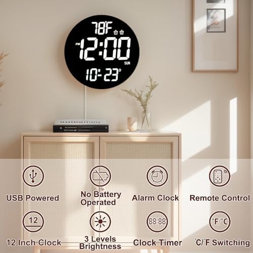 QINFIEY Large 12" White Digital Wall Clock - Image 2