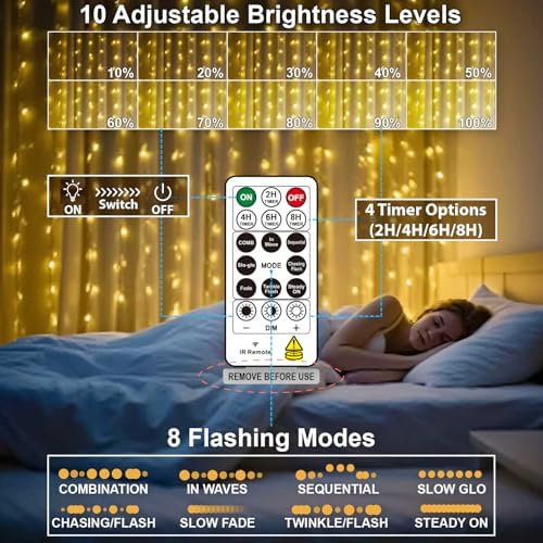 HXWEIYE 300LED Fairy Curtain Lights, 9.8x9.8Ft USB, 8 Modes & Timer - Image 4
