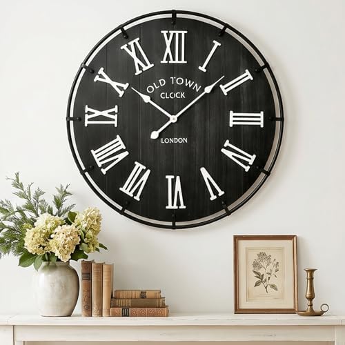 EMAX HOME Inch Large Black Wall Clock, Rustic Distressed Wooden Dial - Image 2