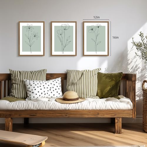 LERVR Wood Framed Minimalist Botanical Wall Art Set of 3, Modern Line Flower - Image 2