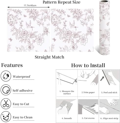 Froluya Floral Peel and Stick Wallpaper Vintage Red White 17.7in×118.1in - Image 5