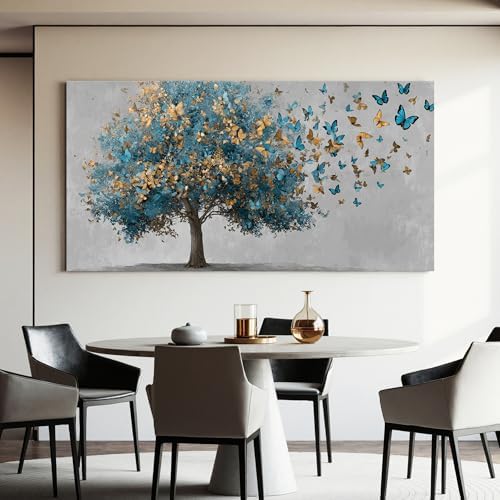 YISXINOAG Blue Gold Tree of Life Wall Art Butterfly Landscape Print 29"X58" - Image 5