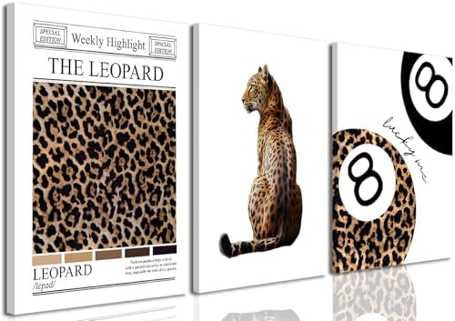 Trendy Leopard Canvas Wall Art Set of 3 Cheetah Funky Lucky 8 Ball Decor by JBZDD