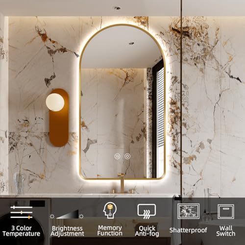 32"H x 20"W Arched LED Bathroom Mirror, Brushed Gold Framed Backlit Vanity - Image 6