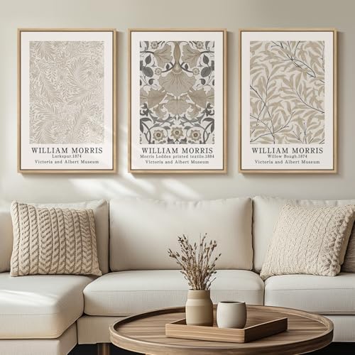 Framed William Morris Neutral Botanical Canvas Wall Art Set of 3, 16x24 In by Cuspin