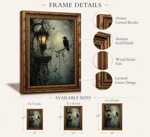 Vintage Gold Framed Crow Canvas Wall Art Dark Academia Gothic Painting Picture - Image 2