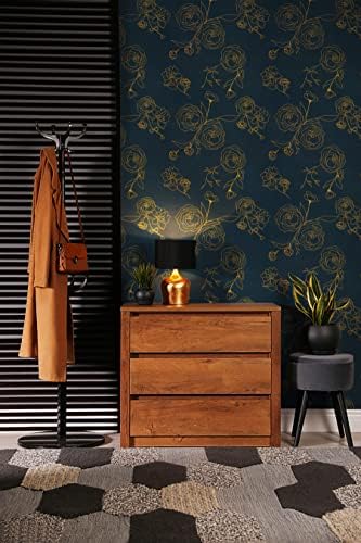 Safiyya 196"x17.3" Peel and Stick Wallpaper Gold and Blue Contact Paper Floral - Image 5