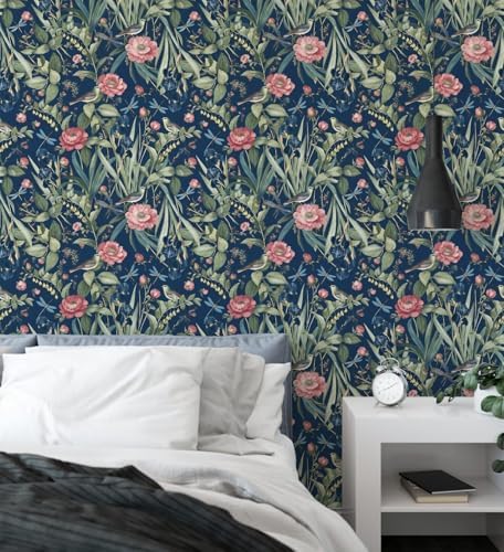 Navy Bird and Floral Peel and Stick Wallpaper Vintage 17in x 118in - Image 6