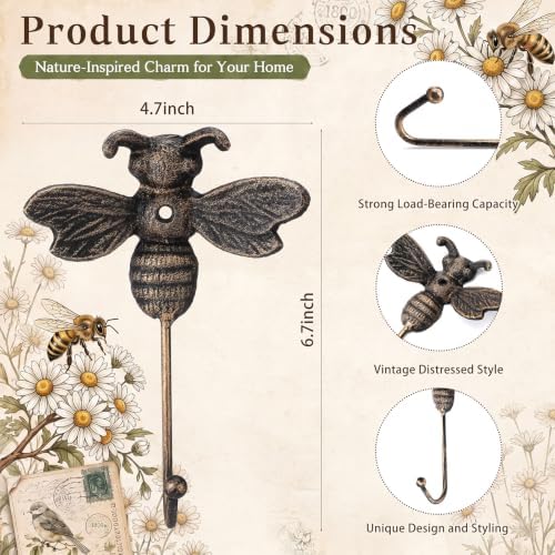 Hicarer 3 Pcs Bee Cast Iron Wall Hooks Hangers - Image 2