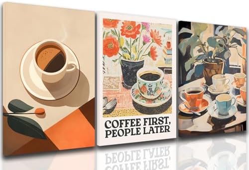 Vintage Coffee Kitchen Canvas Wall Art Set of 3, Fashion Aesthetic Flowers by Unknown