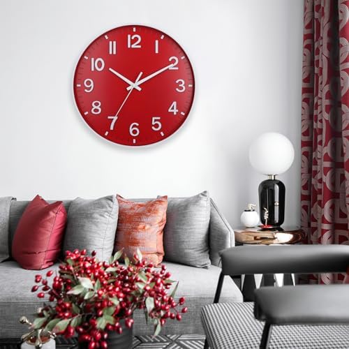 HZDHCLH 12 Inch Silent Wall Clock Battery Operated Non Ticking Red - Image 2
