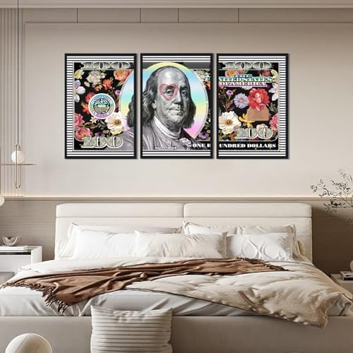 Black Framed Wall Art Canvas Money 100 Dollar Flowers Painting 3 Panels - Image 3