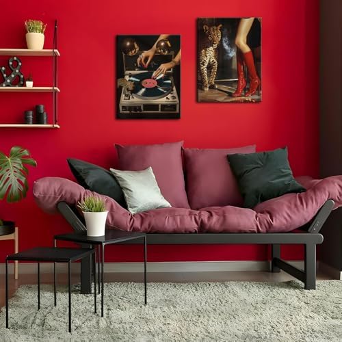 Framed Trendy Leopard Canvas Wall Art Set of 3, Funky Cheetah Music Vinyl - Image 4