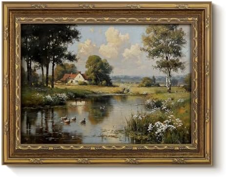 InSimSea Vintage Landscape Wall Art, Cottage Pond Duck Painting Prints by InSimSeaArt