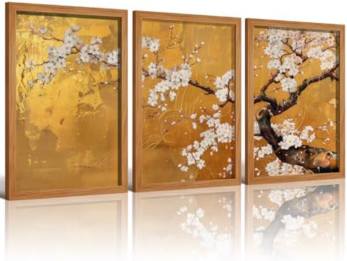 3 Pcs Japanese Golden Plum Blossom Flower Wall Art 12x16 Inches Wood Framed by Unknown