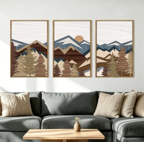 BINCUE Large Mountain Wall Art Vintage Mountains Office Framed Canvas 3 Piece by BINCUE