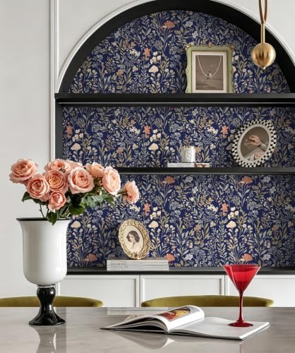 Froluya Dark Blue Floral Peel and Stick Wallpaper Vintage Floral Wallpaper - Image 3