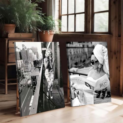 2pcs Framed Black and White Wall Art Women Reading Newspaper Poster, Funny - Image 5