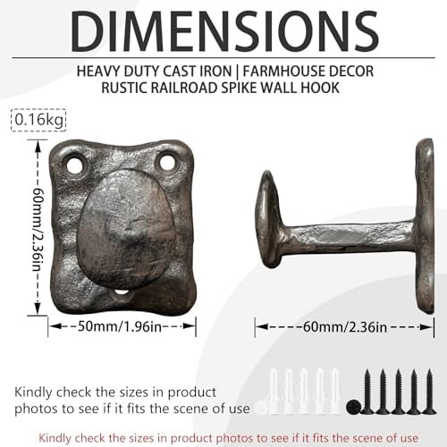 Heavy Duty Cast Iron Railroad Spike Wall Coat Hooks 2Pcs Rustic Farmhouse Hooks - Image 3
