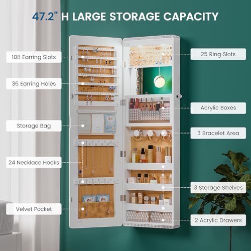 HNEBC Full Length Mirror with Storage, Wall Mounted Jewelry Cabinet with RGB - Image 3