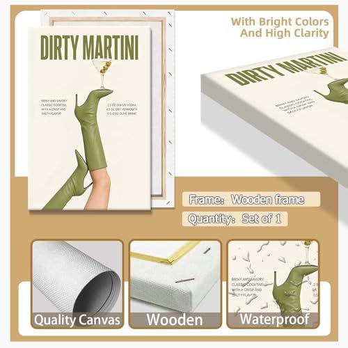 Green Cowgirl Boots Canvas Wall Art Trendy Olive Martini Print Poster Preppy - Image 2