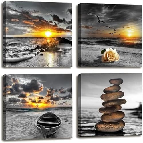 Yxbhhym Black and White Gold Beach Wall Art Ocean Canvas Seascape Prints by CanvasWallArtHomeDecor