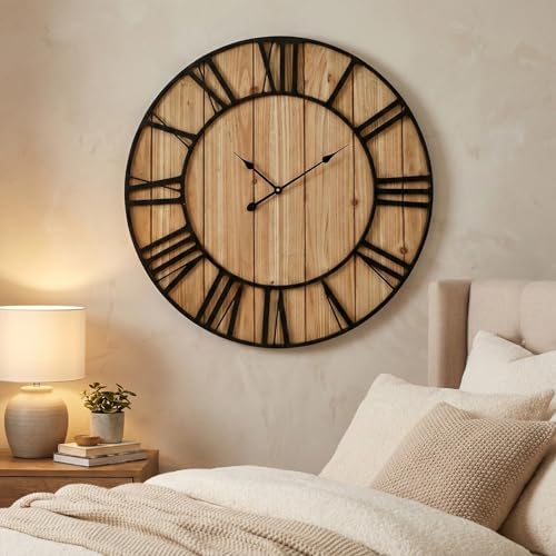 EMAX HOME Large Farmhouse Wall Clock 30 Inch Vintage Brown Wooden Wall Clock - Image 7
