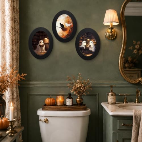3Pcs Spooky Ghost Halloween Oval Wall Art Framed Black Cat Reading Decor - Image 5