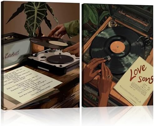 Framed 2pcs Black Woman Music Print Wall Art Retro Vinyl Record Canvas Posters by KBCXOYLinnasArt