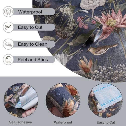 Jeweluck Vintage Floral Wallpaper Peel and Stick Dark Blue 16.9" x 196.8" - Image 4