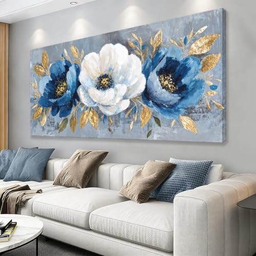 Modern Blue White Flower Canvas Wall Art by IU