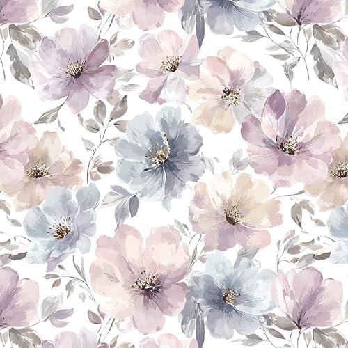 Large Floral Peel and Stick Wallpaper Removable Pink/Purple/Grey blue flower by EeeComing