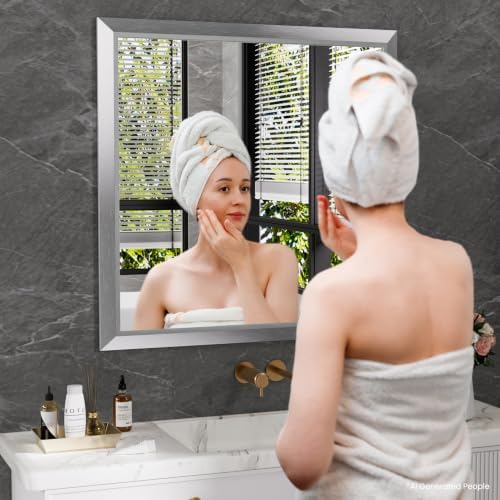 Amorho Bathroom Mirror for Wall 36x36 Inch, Brushed Silver Metal Framed - Image 6