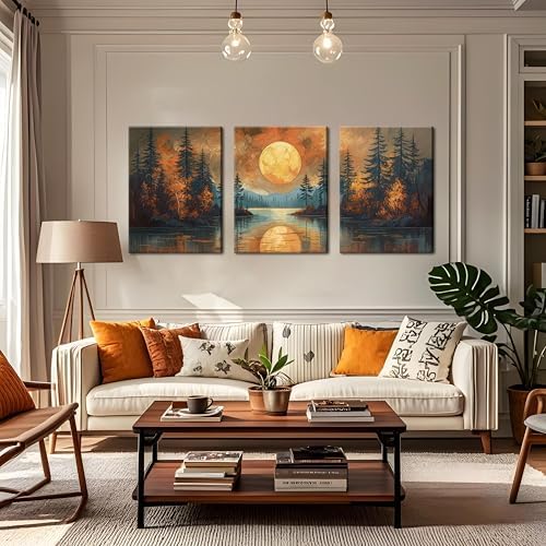Framed Gold Mountain Forest Sunset Landscape Wall Art Set of 3, Abstract Boho - Image 2