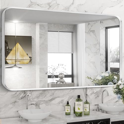 Silver Bathroom Mirror 28x60in, Metal Framed Rounded Rectangle by Minuover