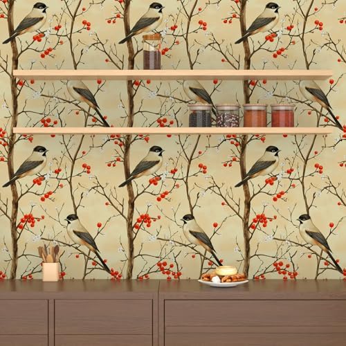 Laatse Vintage Yellow Red Bird Floral Botanical Wallpaper 17.5"x393" - Image 6