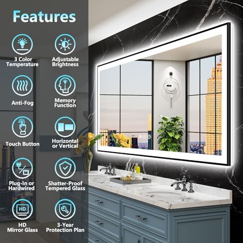 96x36 Black LED Bathroom Mirror, Backlit & Front Lit Lighted Mirror - Image 2