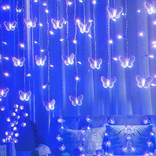 Blue Butterfly Curtain Fairy Lights USB Plug in, 120 LED 8 Modes 20FT Firefly by SunKite
