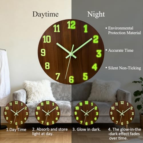 Glow in The Dark Wall Clock, 8 Inch Modern Wooden Clocks - Image 6