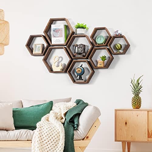 Hexagon Floating Shelves Set of 8 Wood Hexagonal Shelves Brown Wall Decor and - Image 5