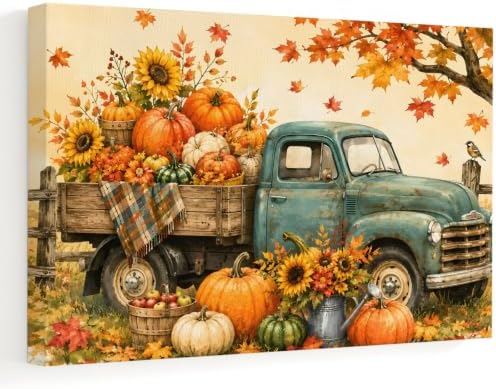 Fall Farmhouse Canvas Wall Art, Made in USA, Vintage Truck Pumpkins Sunflower by Prime+Leader