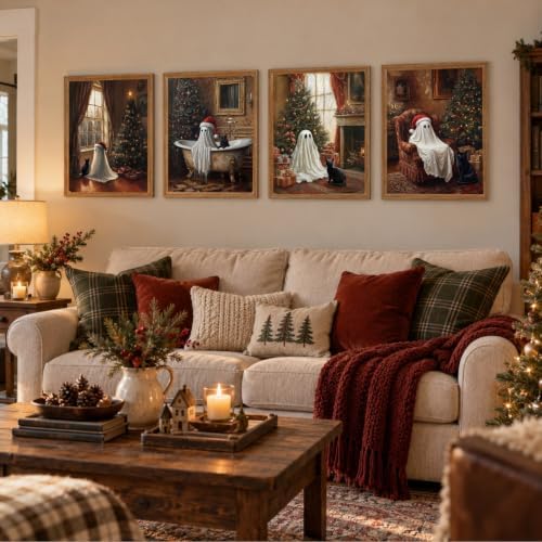 4Pcs Framed Vintage Christmas Cute Ghost And Black Cat Wall Art 12x16inch - Image 2