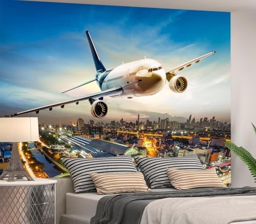 Modern Airplane Flying Over City Sunset Wallpaper Peel Stick - Image 3