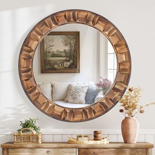 36 Inch Large Round Solid Wood Wall Mirror - Image 2